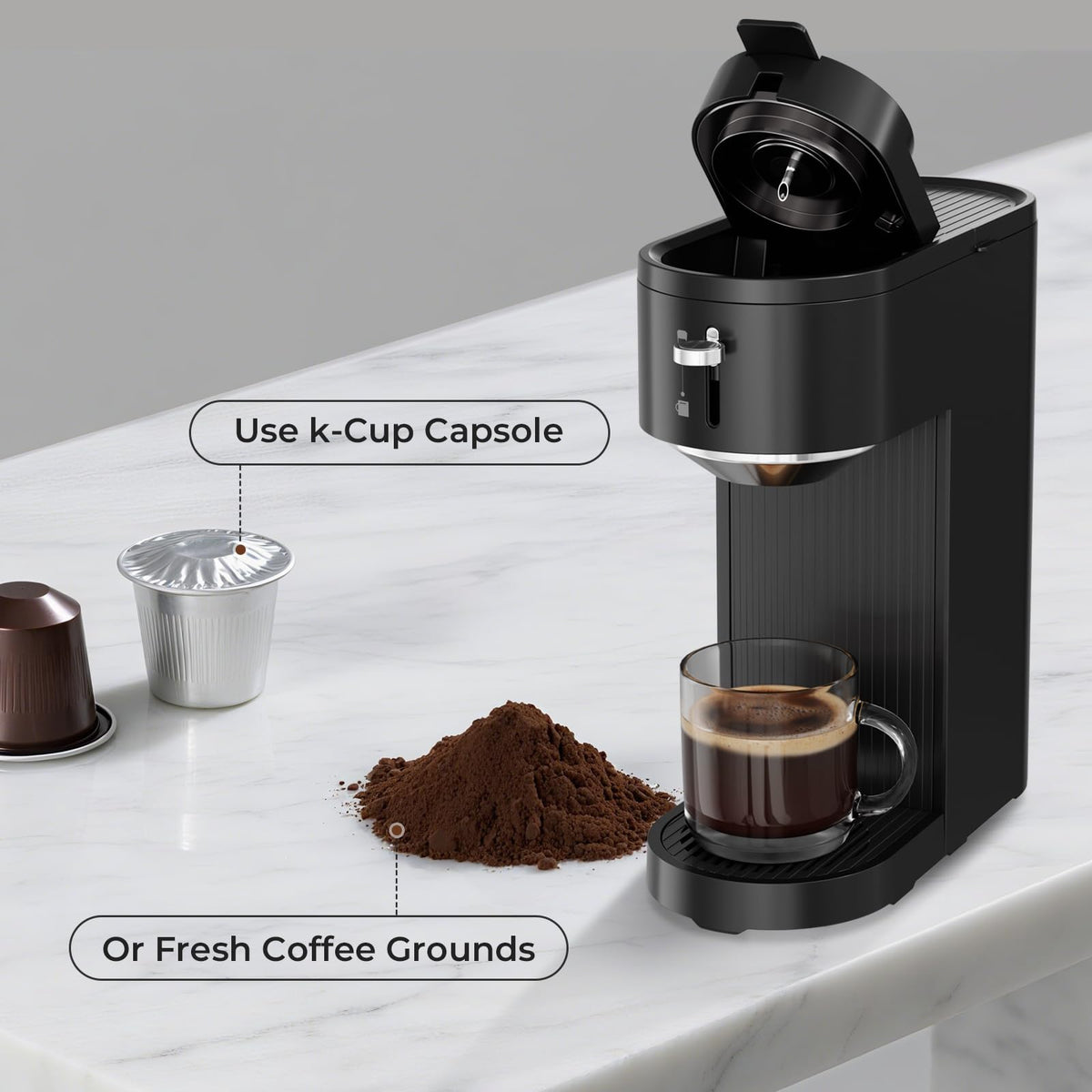 Single Serve Coffee Maker for K Cup and Ground Coffee, 6oz-14oz, Matte Black Q807761
