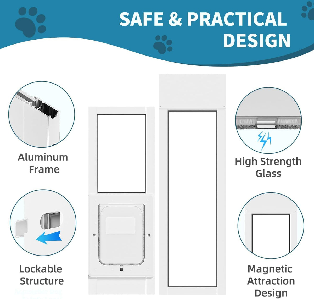 Dog Door for Sliding Glass Door, Magnetic Plastic Flap, Adjustable Height, No-Cut Insert with Lock, White O433