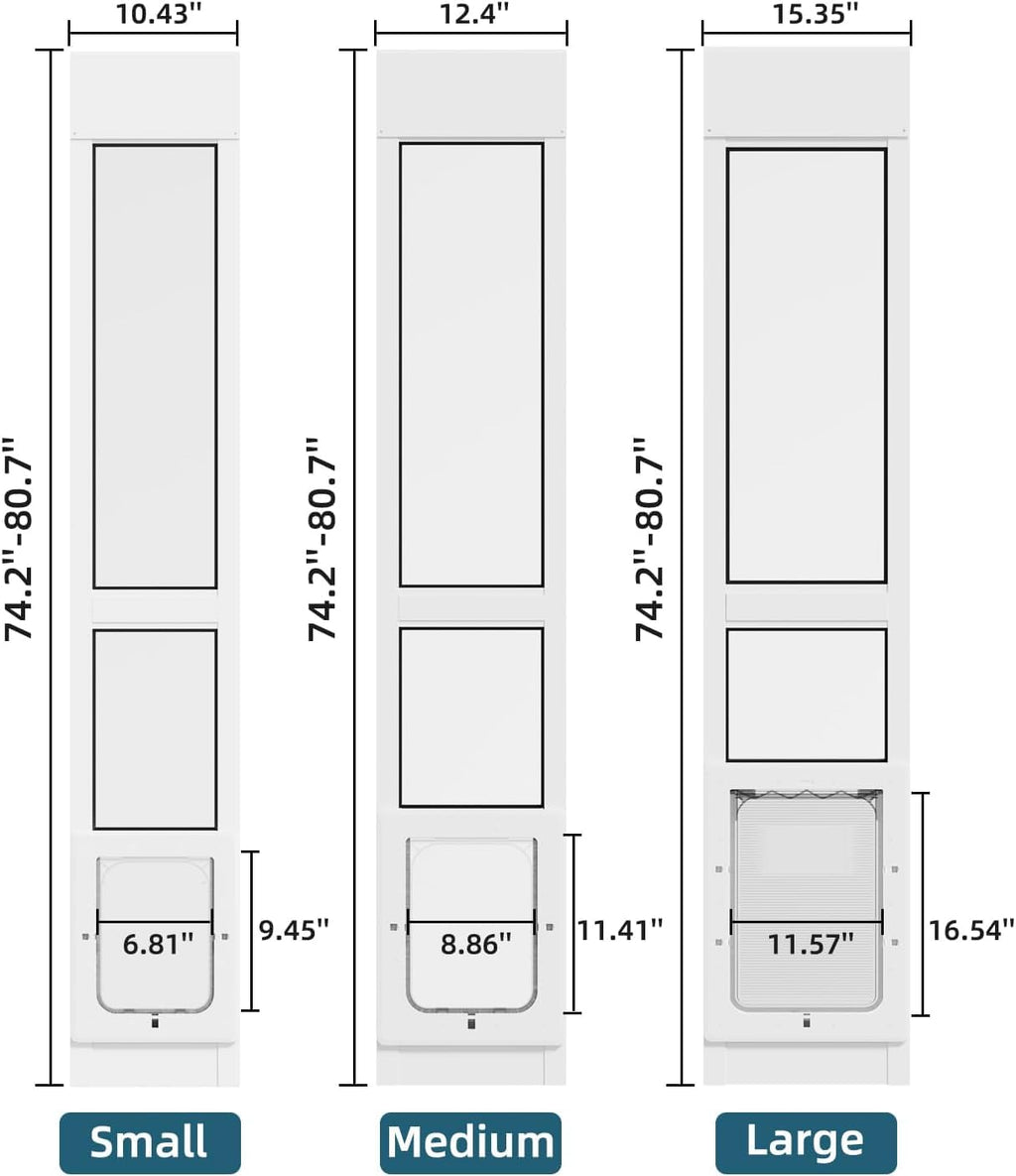 Dog Door for Sliding Glass Door, Magnetic Plastic Flap, Adjustable Height, No-Cut Insert with Lock, White O433
