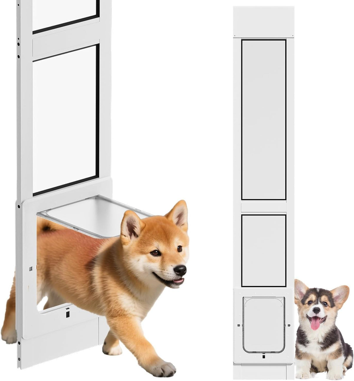 Dog Door for Sliding Glass Door, Magnetic Plastic Flap, Adjustable Height, No-Cut Insert with Lock, White O433