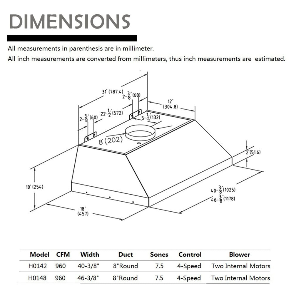 48 inch Stainless Steel Built-in Range Hood with Liner and Baffle Filter N766