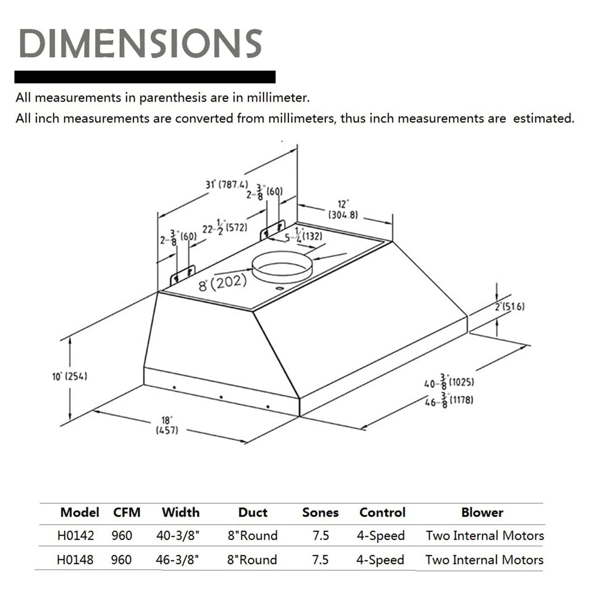 48 inch Stainless Steel Built-in Range Hood with Liner and Baffle Filter N766