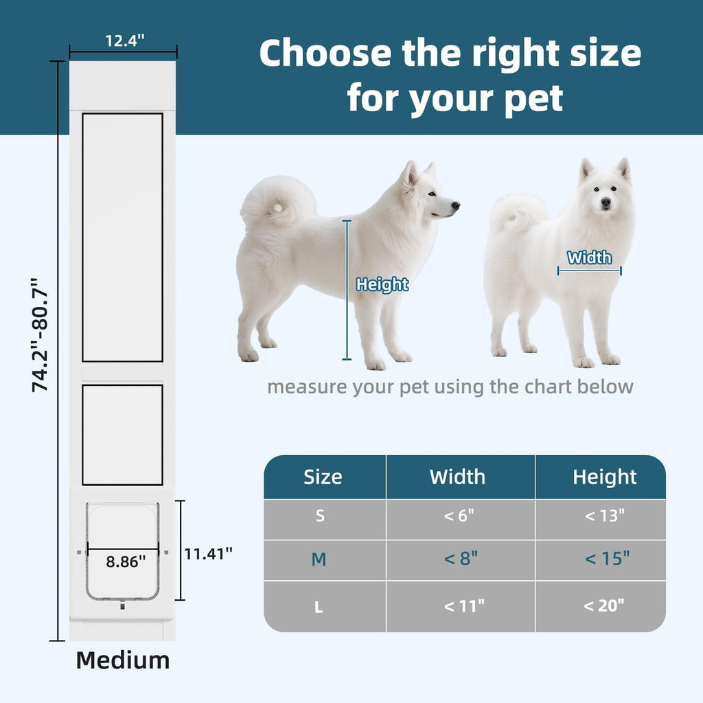 Dog Door for Sliding Glass Door, Magnetic Plastic Flap, Adjustable Height, No-Cut Insert with Lock, White O433