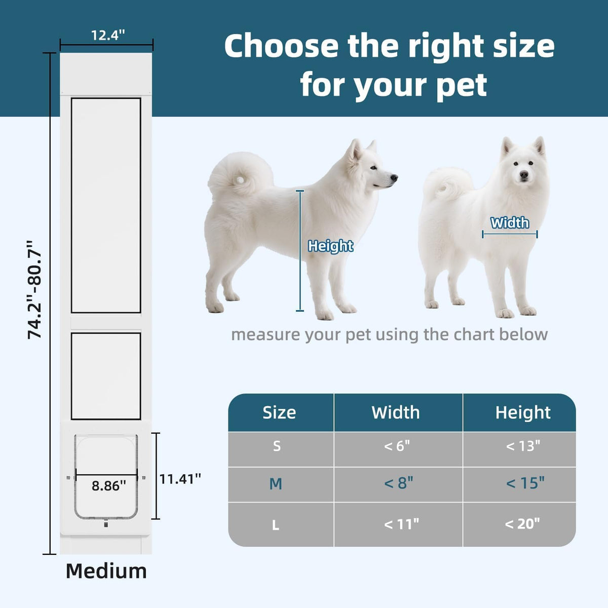 Dog Door for Sliding Glass Door, Magnetic Plastic Flap, Adjustable Height, No-Cut Insert with Lock, White O433