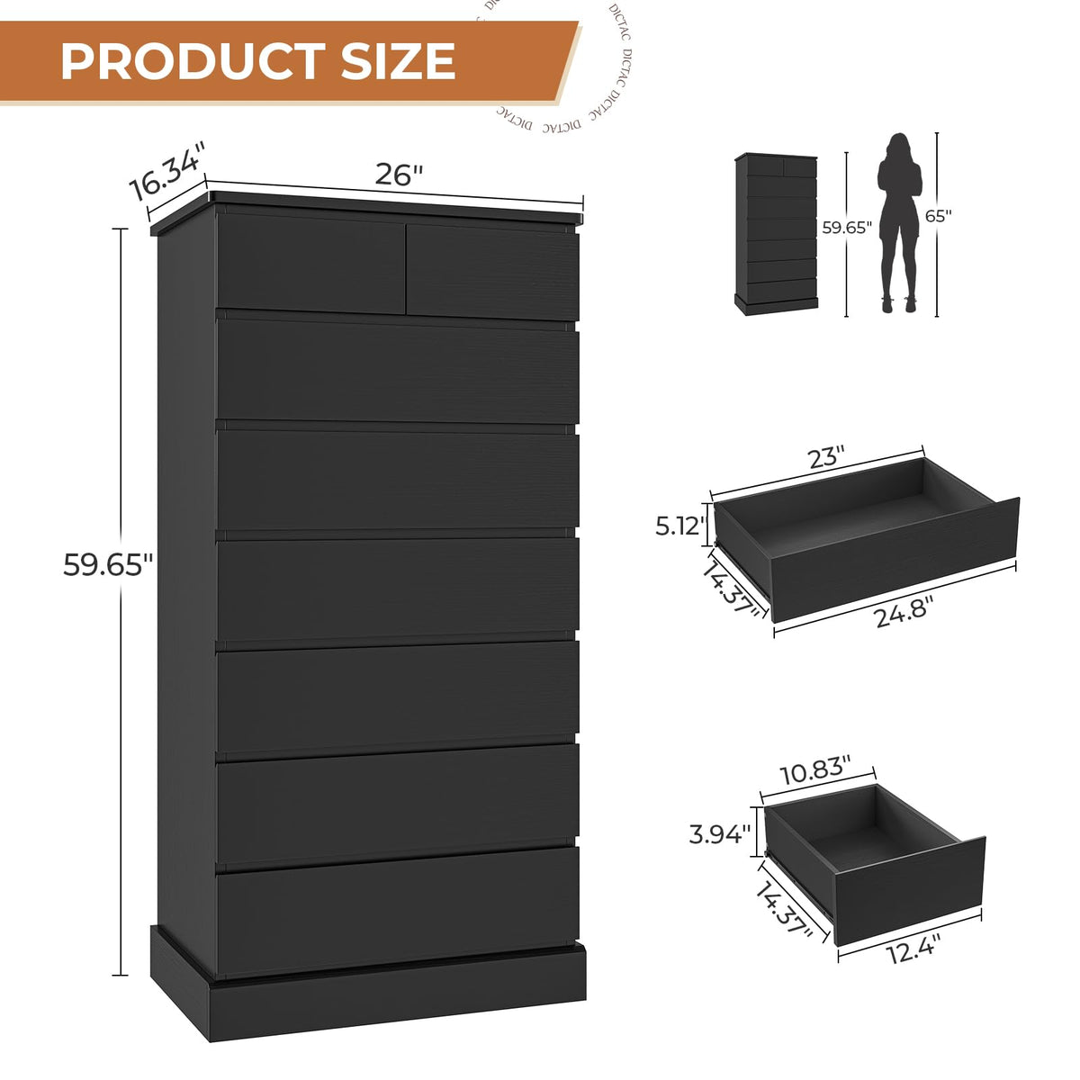 Black 8 Drawer Wood Dresser D6691