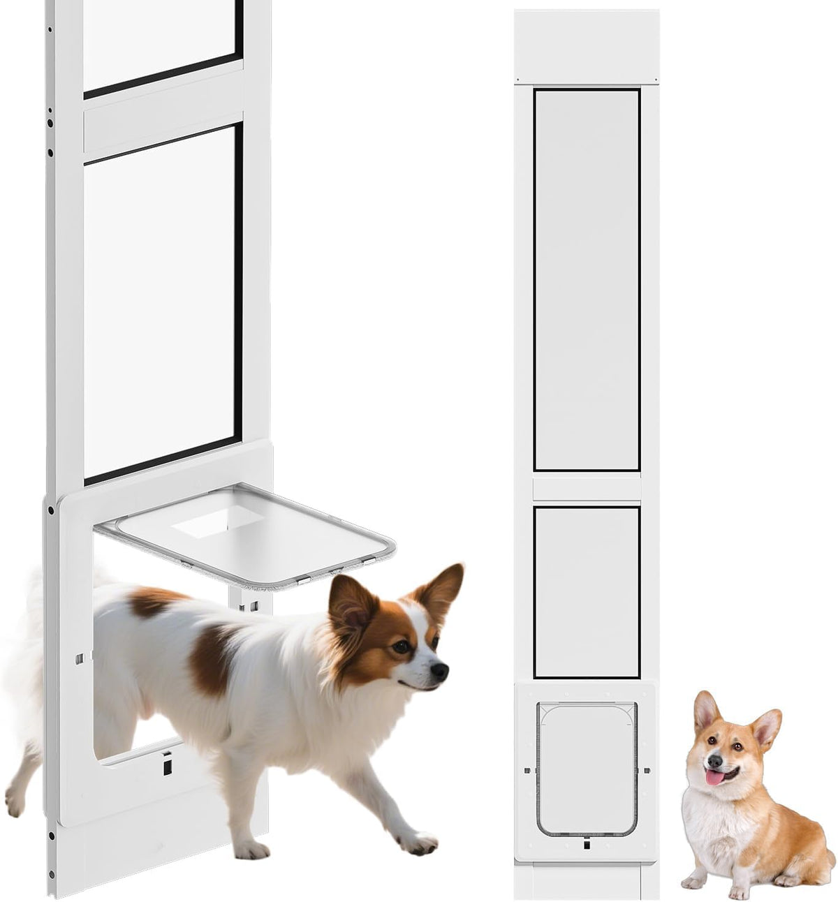 Dog Door for Sliding Glass Door, Magnetic Plastic Flap, Adjustable Height, No-Cut Insert with Lock, White O433