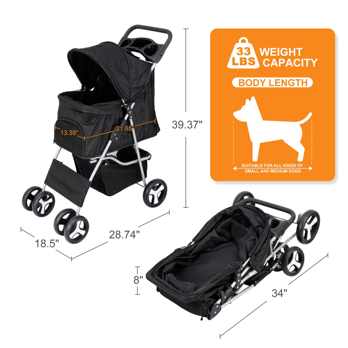 4 Wheels Foldable Pet Stroller with Storage Basket and Cup Holder A949628