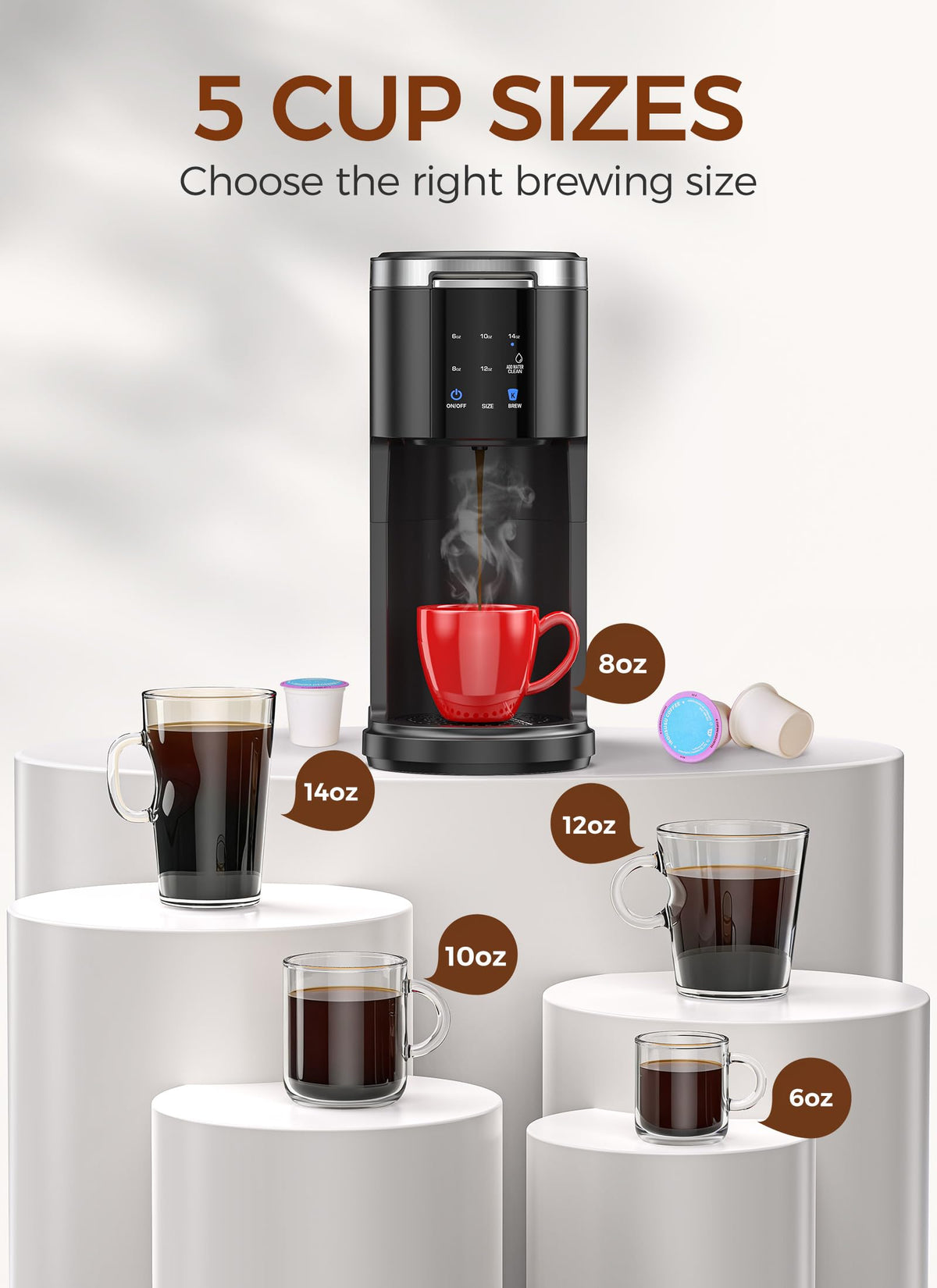 Single Serve Coffee Maker with 40 Oz Water Tank, 5 Brew Sizes, Black Y99028