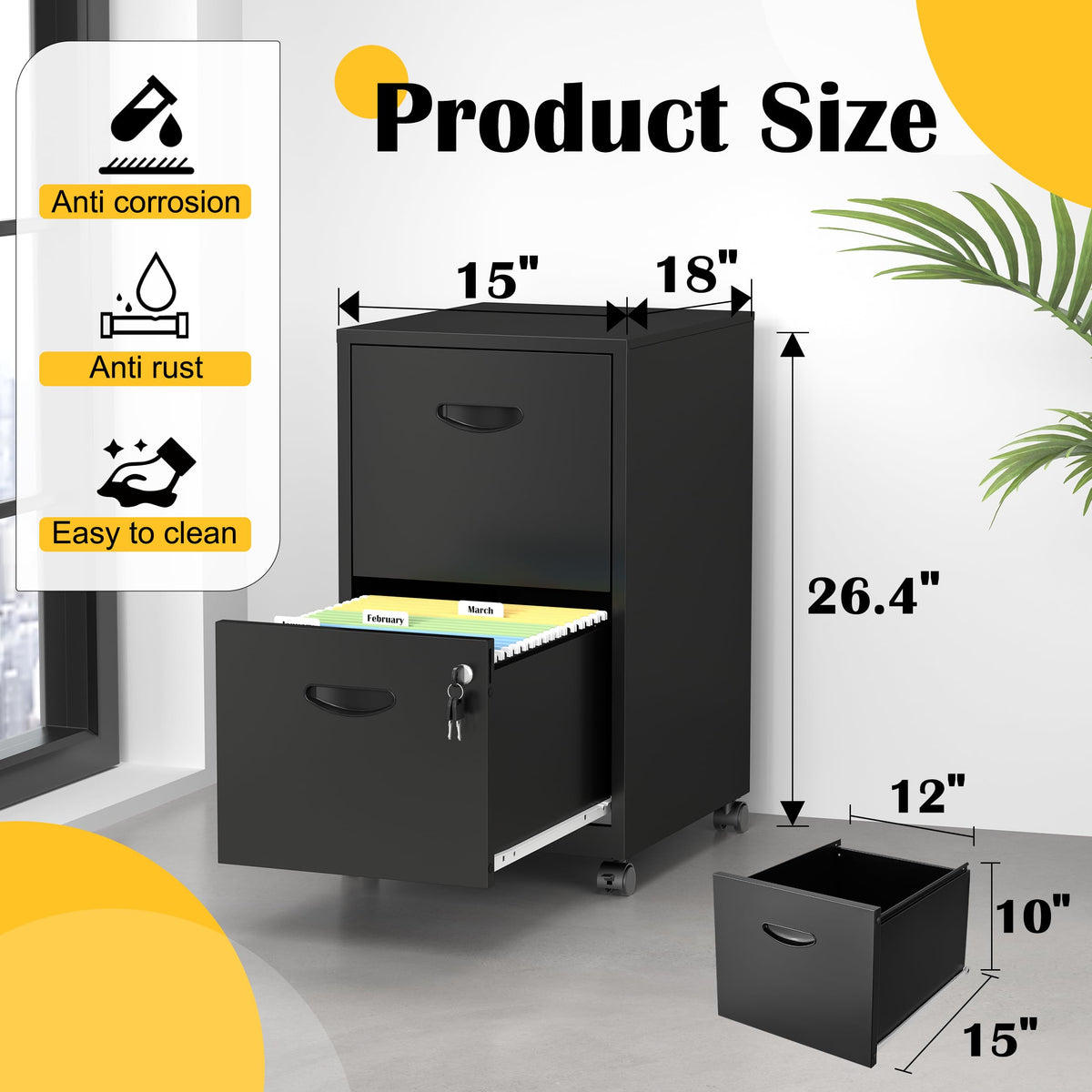2 Drawer Black Metal File Cabinet with Lock C258