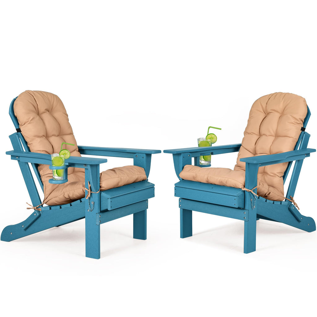 Folding Adirondack Chairs Set of 2 with Cushion, Blue HDPE Plastic Oversized Patio Chair Q9977