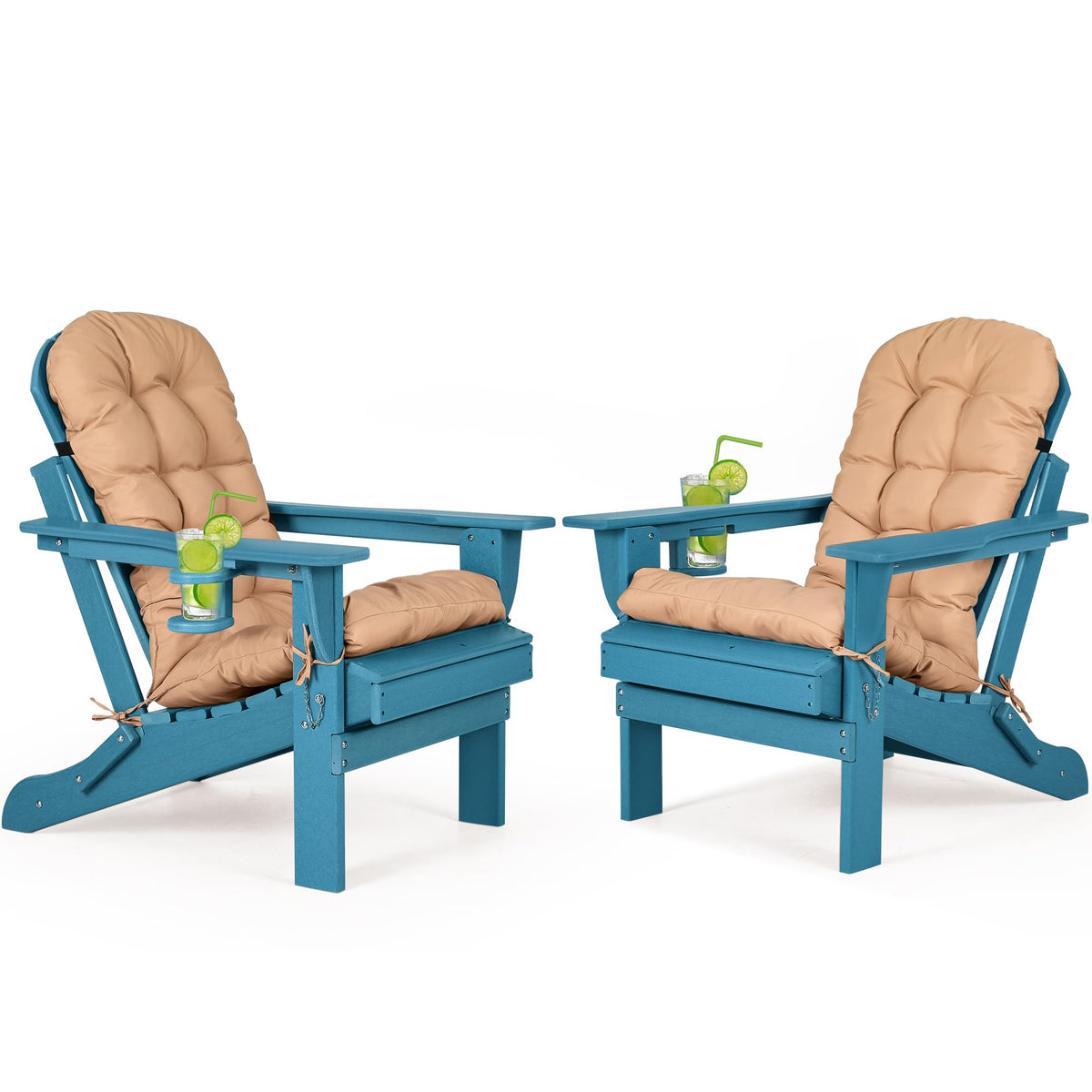 Folding Adirondack Chairs Set of 2 with Cushion, Blue HDPE Plastic Oversized Patio Chair Q9977