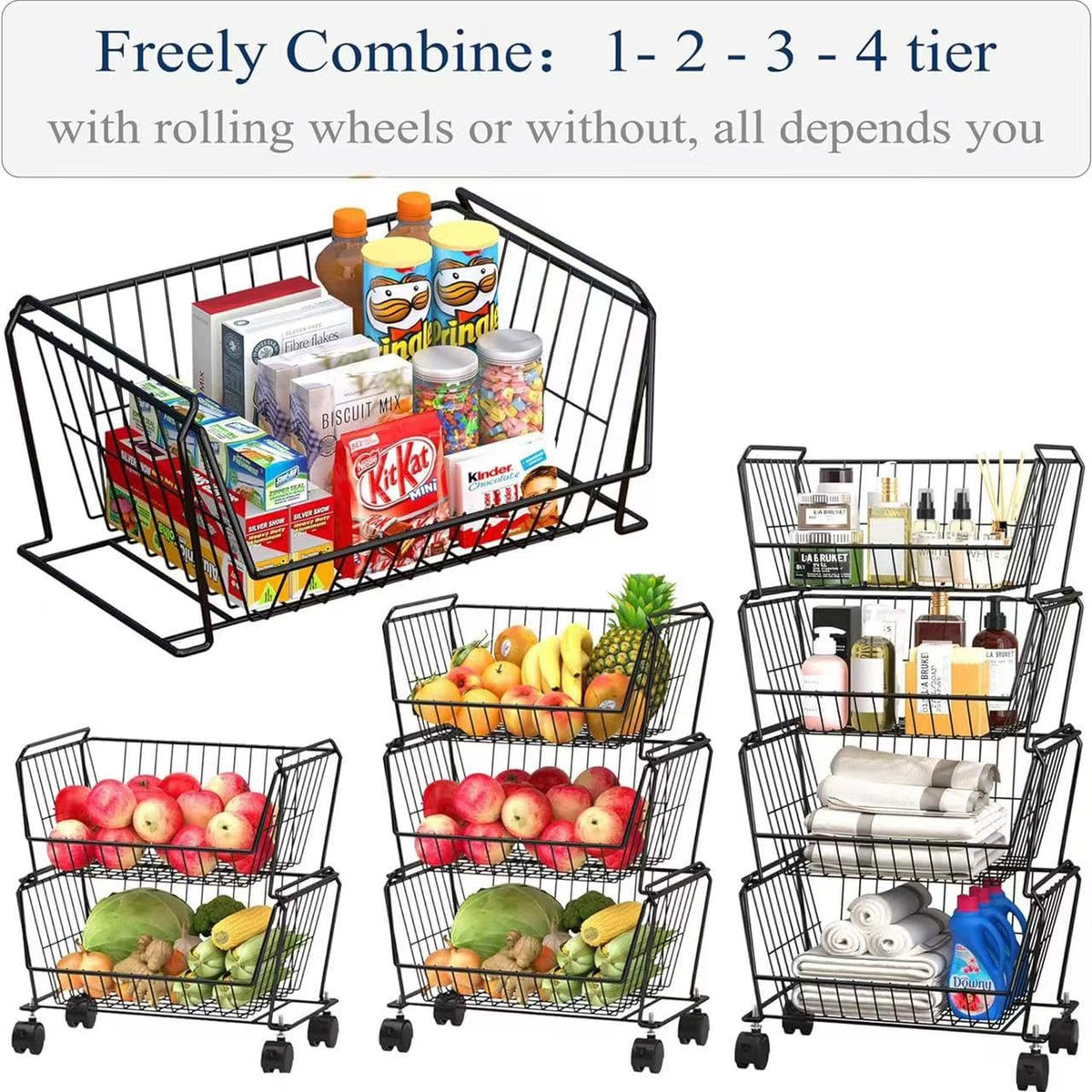 4-Tier Stackable Wire Storage Baskets with Wheels D89600
