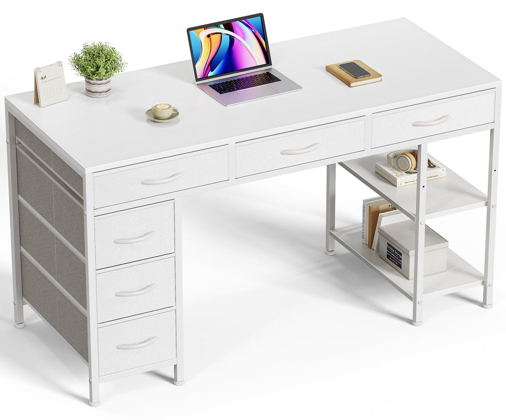 White 6 Drawer Computer Desk with Shelves D54863