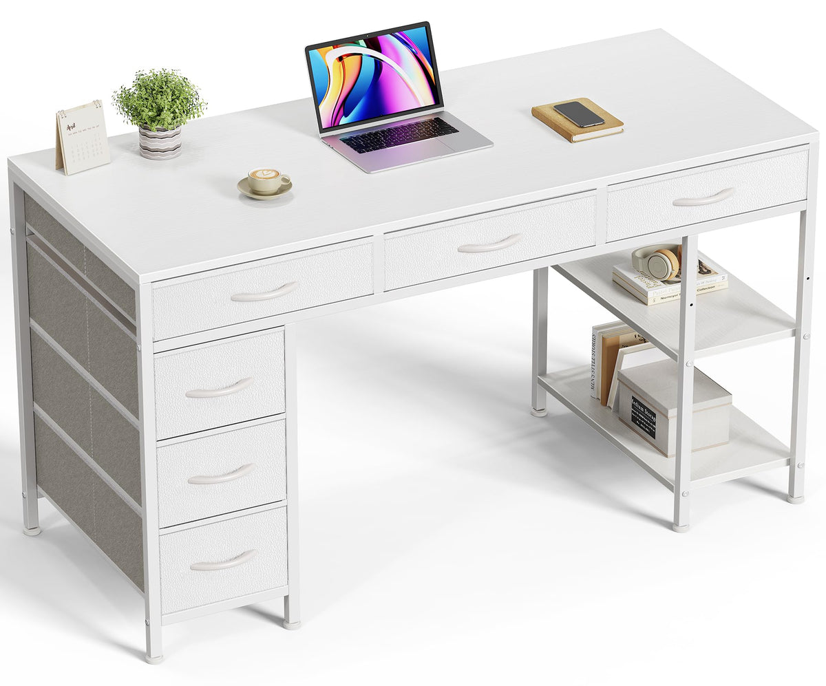 White 6 Drawer Computer Desk with Shelves D54863