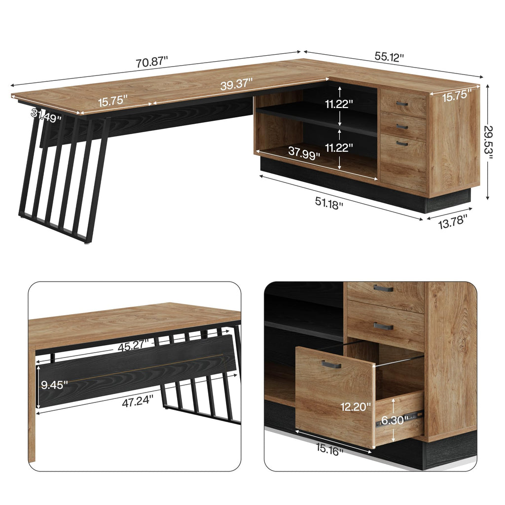 71-Inch L-Shaped Executive Desk with Cabinet J302023