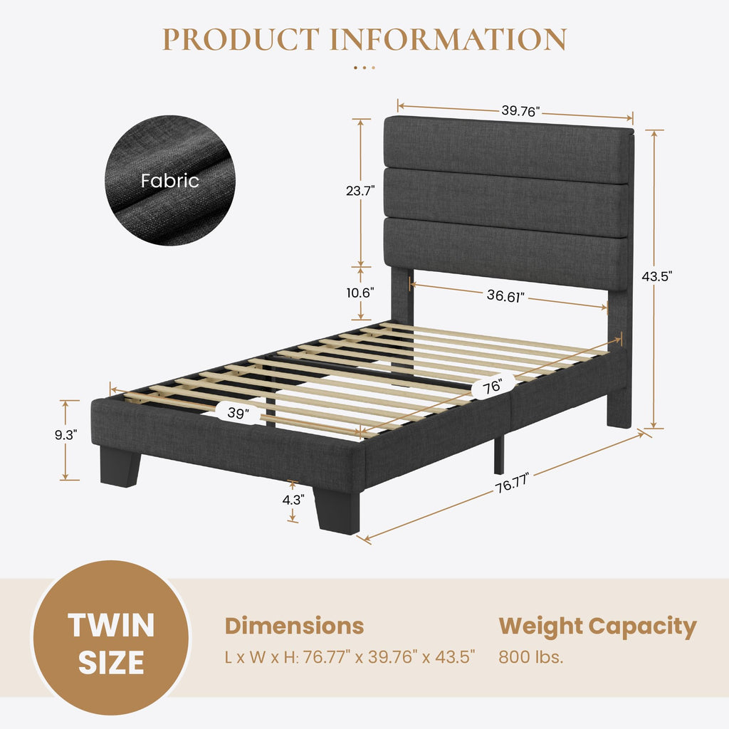 Twin Platform Bed Frame with Upholstered Fabric Headboard S713602