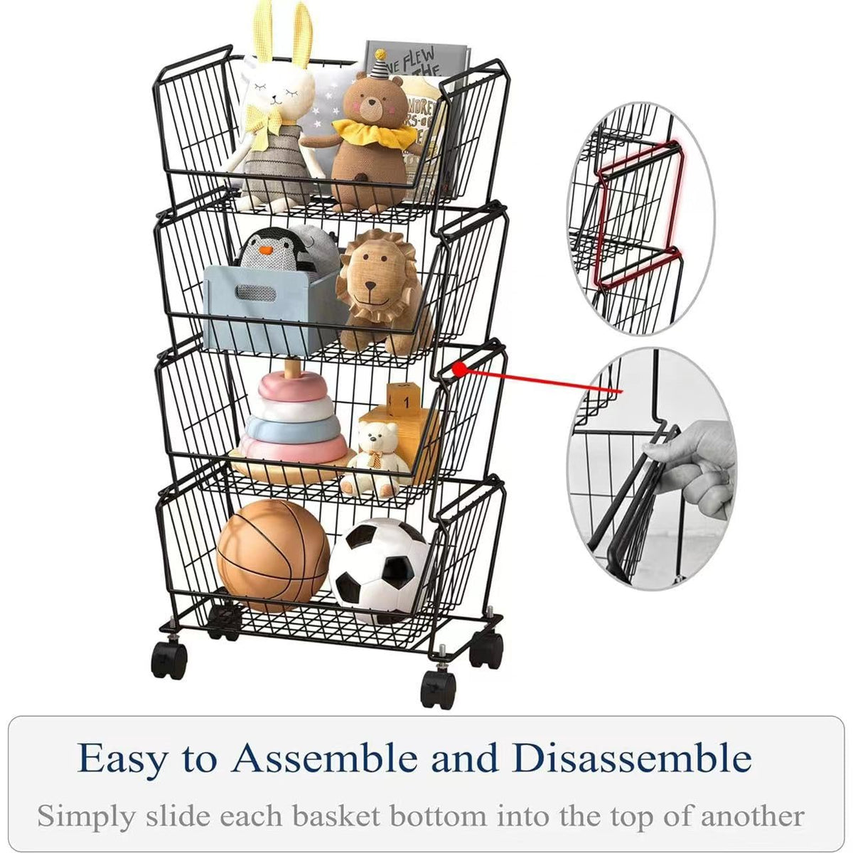4-Tier Stackable Wire Storage Baskets with Wheels D89600