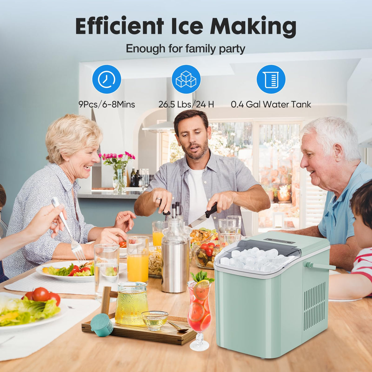 Countertop Ice Maker Machine with Handle, Self-Cleaning, 2 Sizes Bullet Ice, Black U445108