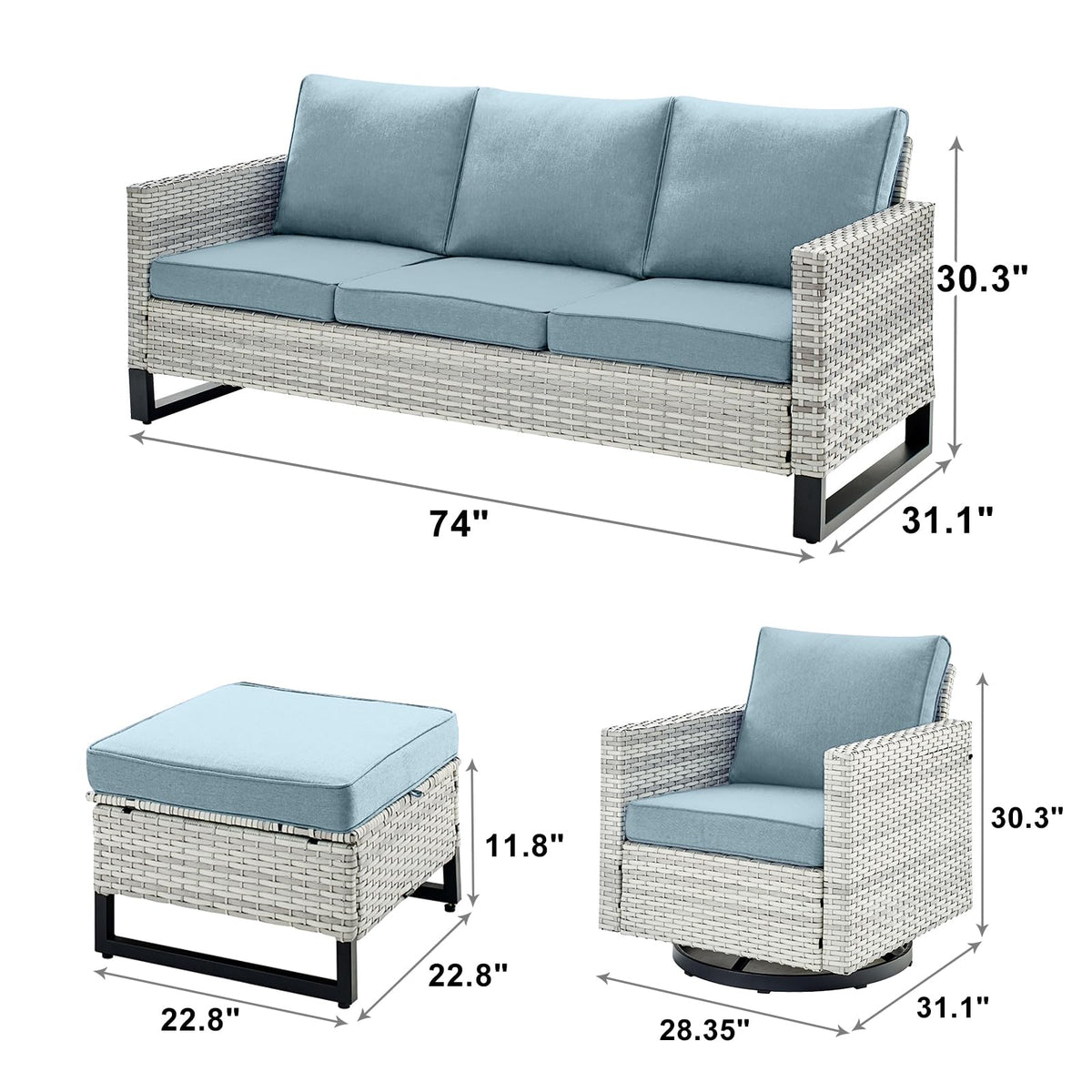 7 Piece Wicker Patio Conversation Set with Swivel Rocker Chairs and Ottoman K3197
