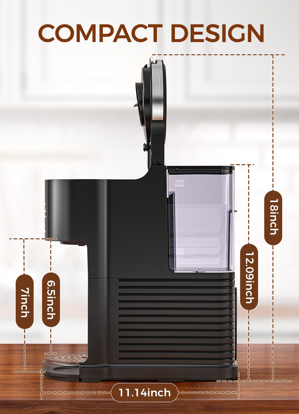 Single Serve Coffee Maker with 40 Oz Water Tank, 5 Brew Sizes, Black Y99028