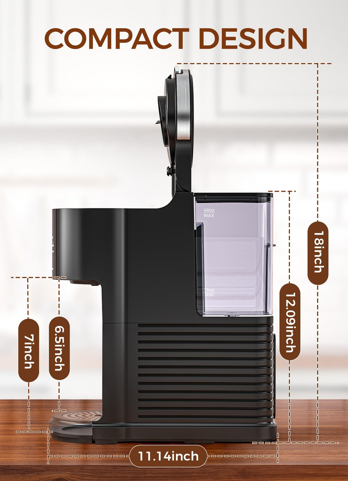 Single Serve Coffee Maker with 40 Oz Water Tank, 5 Brew Sizes, Black Y99028