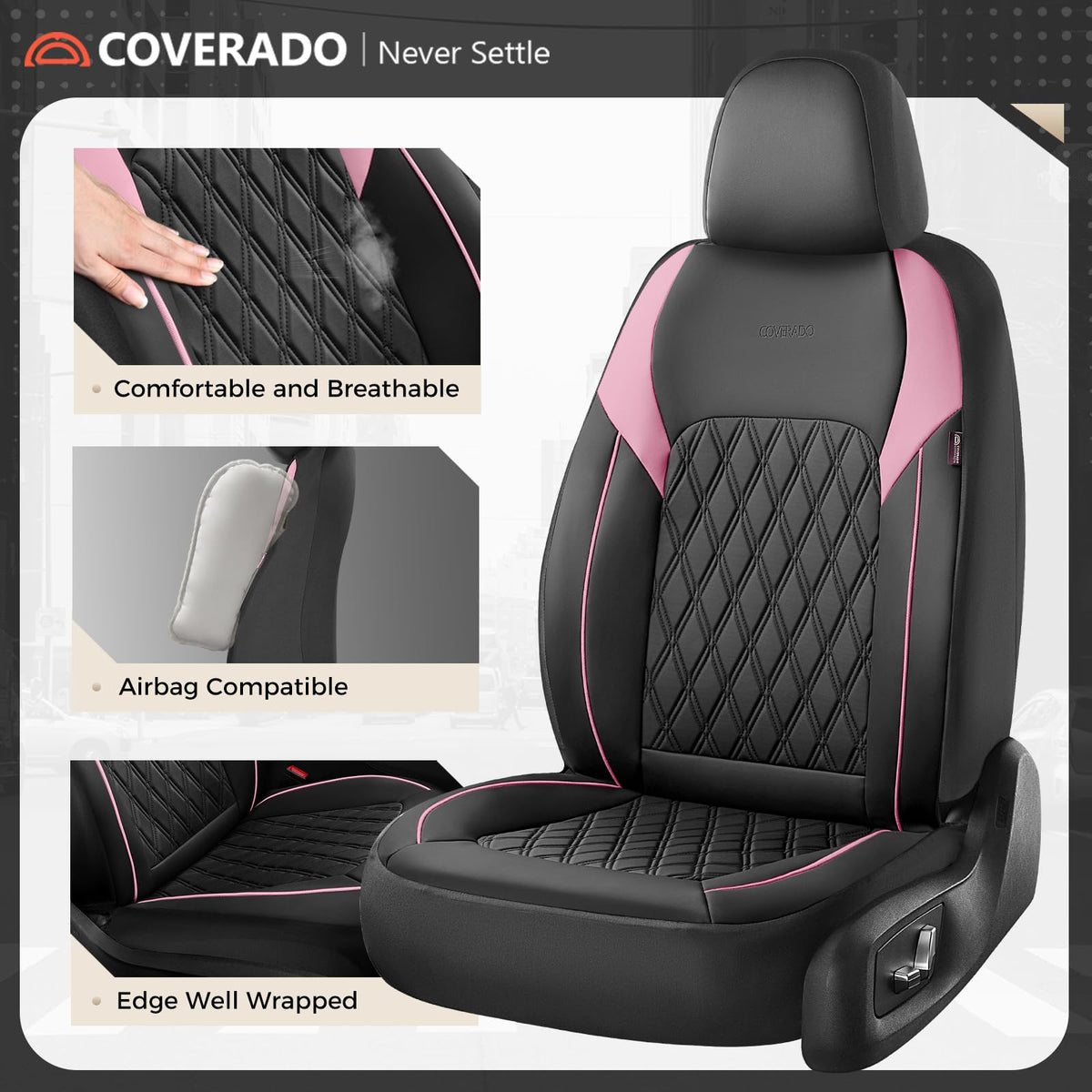 Black Pink Faux Leather Car Seat Covers Full Set M37495