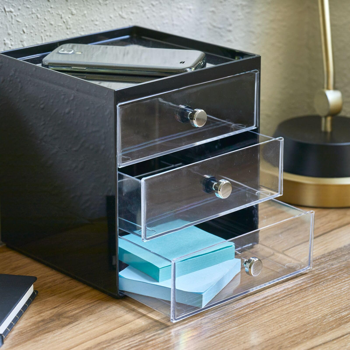 Makeup Organizer Storage Cube with 3 Drawers Black/Clear T878
