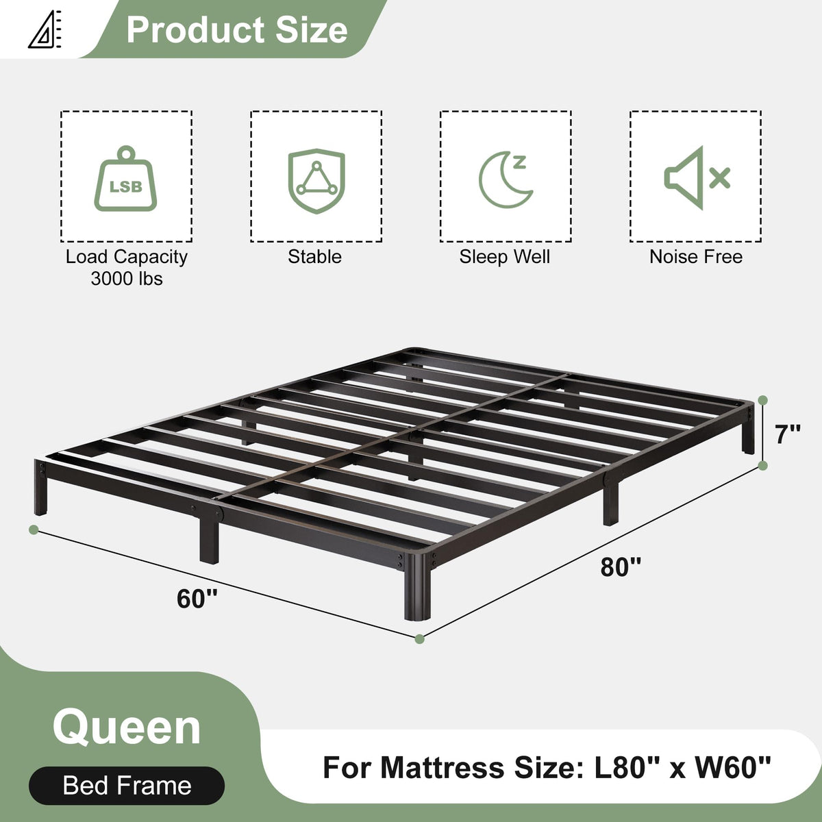 Black 7 Inch Queen Metal Platform Bed Frame Y962689