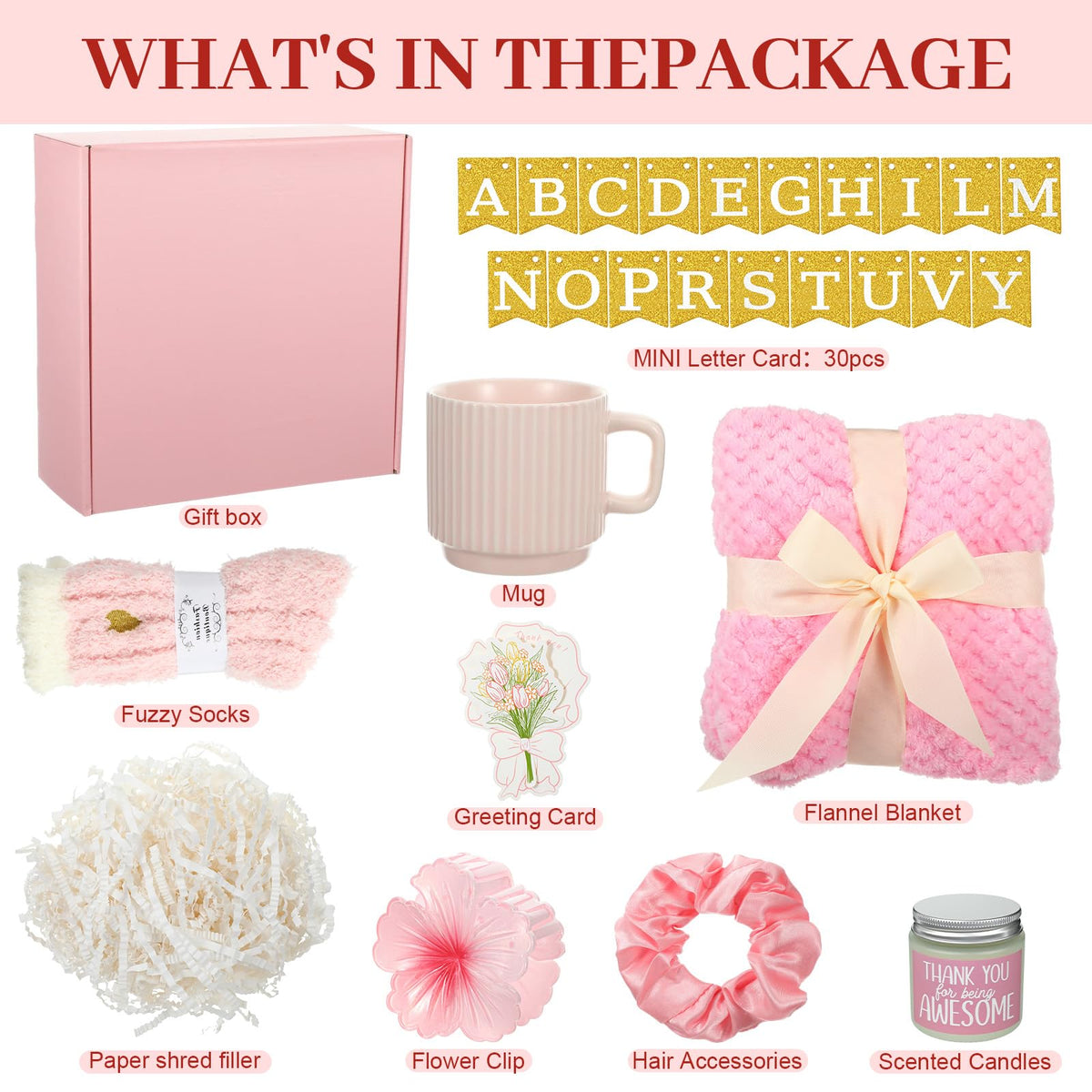 Birthday Gift Basket for Women, Spa Relaxation Set, Pink F82104