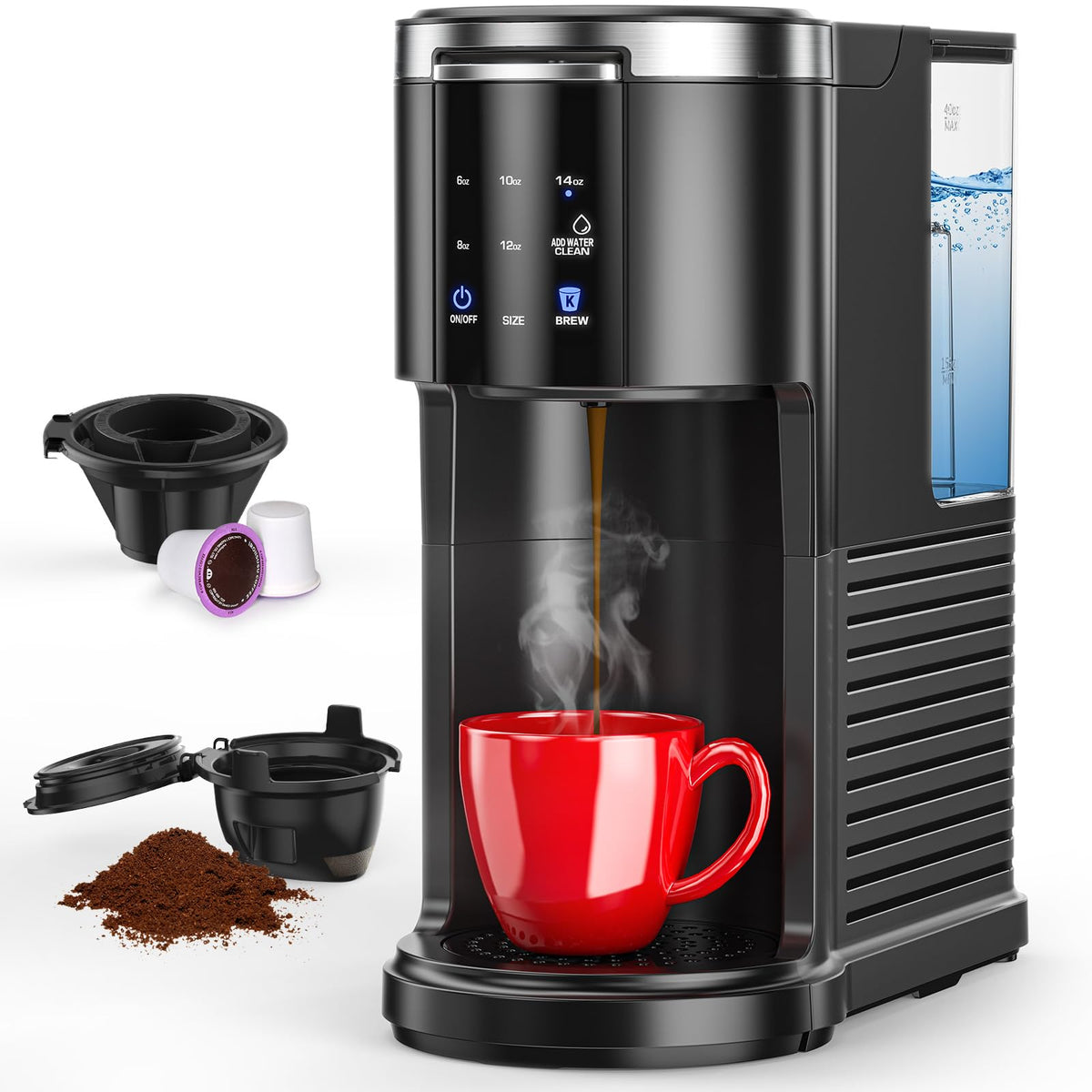 Single Serve Coffee Maker with 40 Oz Water Tank, 5 Brew Sizes, Black Y99028