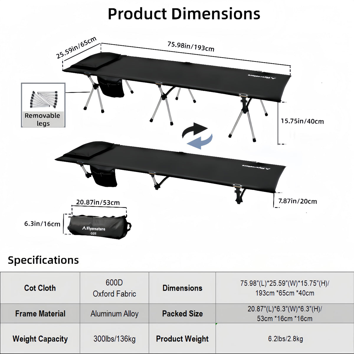 Lightweight Foldable Camping Cot 300 lbs Capacity P19355