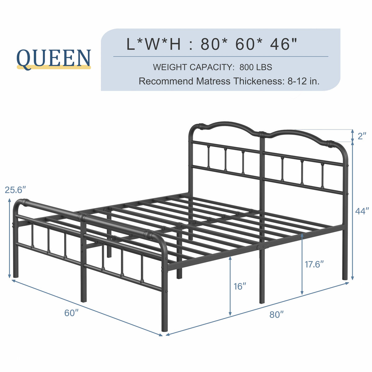 Queen Size 18 Inches Metal Bed Frame with Headboard V517085
