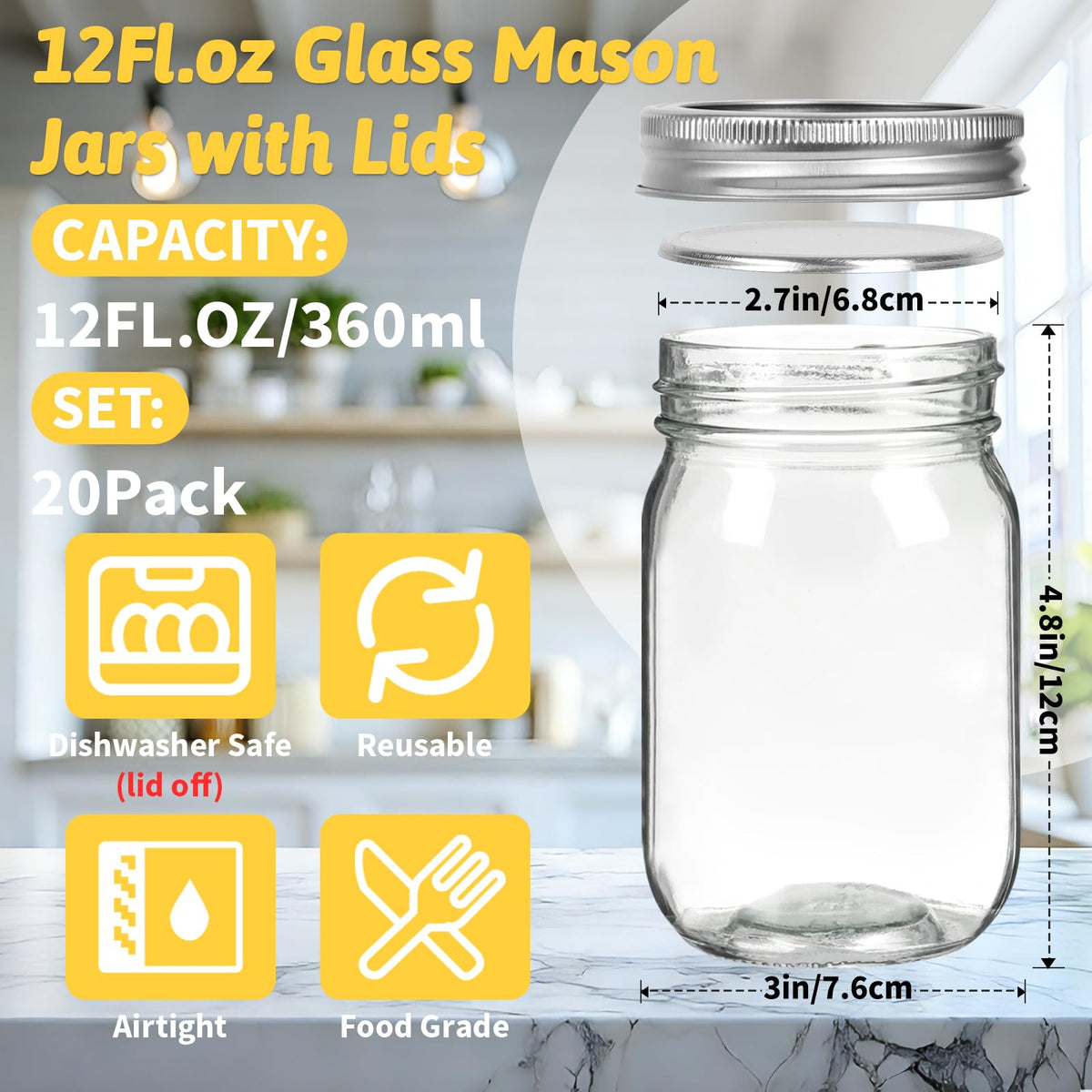 12 oz Regular Mouth Mason Jars 20 Pack P988593