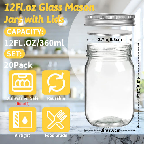 12 oz Regular Mouth Mason Jars 20 Pack P988593