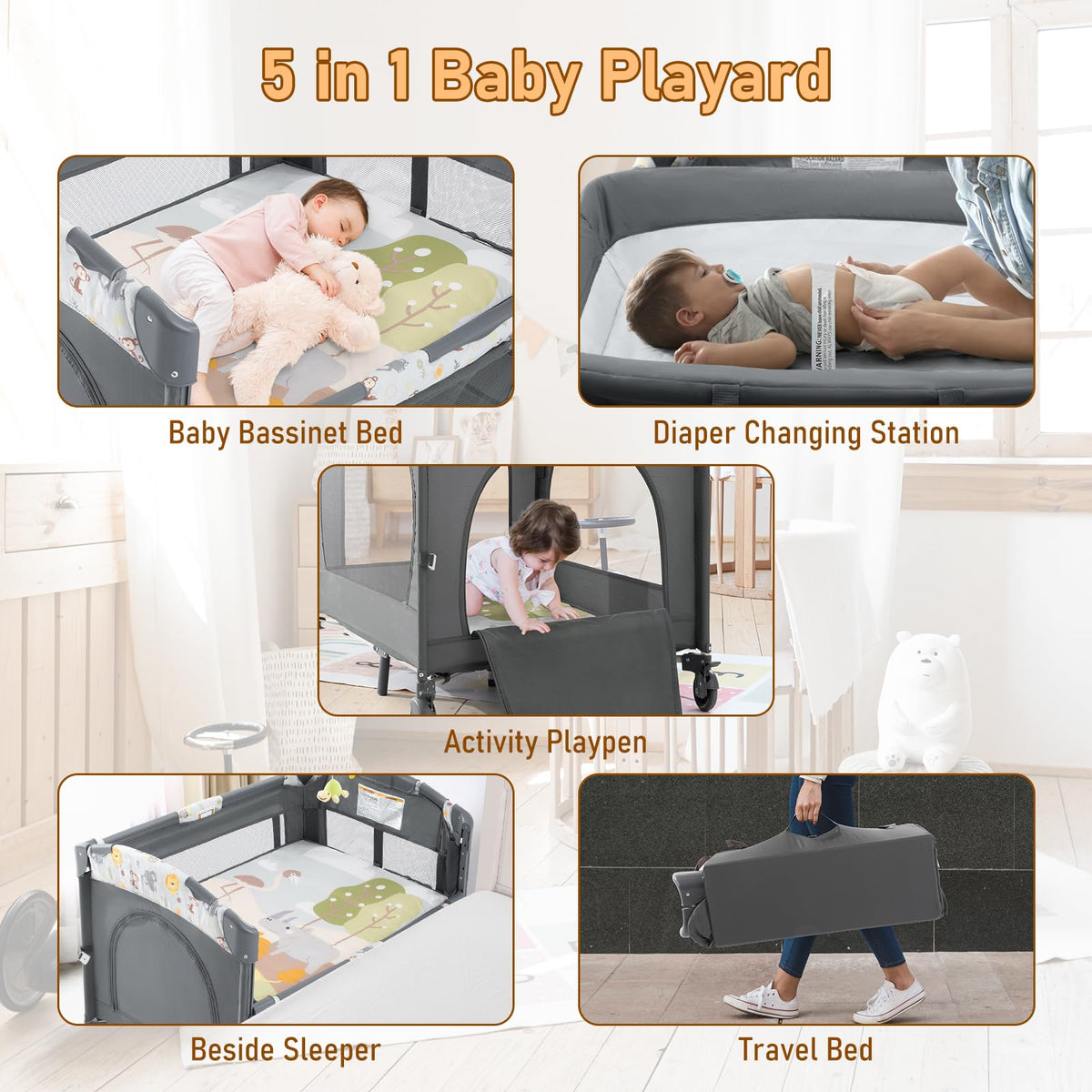 5-in-1 Convertible Baby Crib Bassinet Playpen A806026