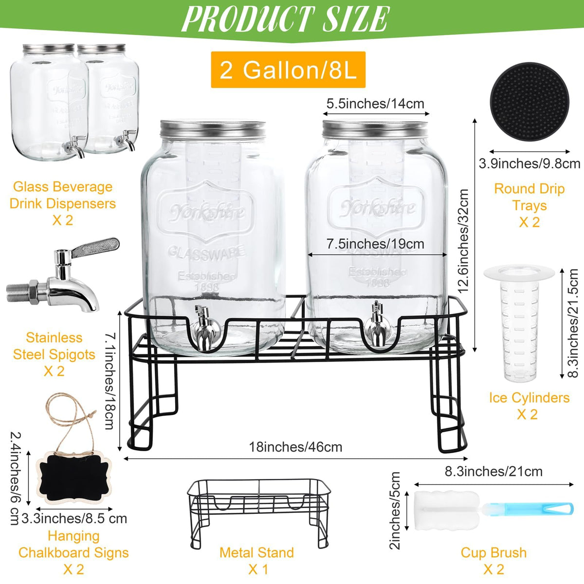 2 Pcs 2 Gallon Glass Beverage Dispenser with Stand X75758