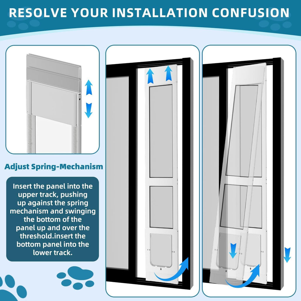 Dog Door for Sliding Glass Door, Magnetic Plastic Flap, Adjustable Height, No-Cut Insert with Lock, White O433