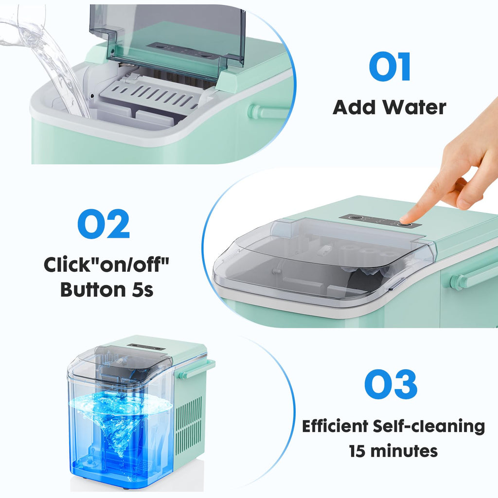 Countertop Ice Maker Machine with Handle, Self-Cleaning, 2 Sizes Bullet Ice, Black U445108