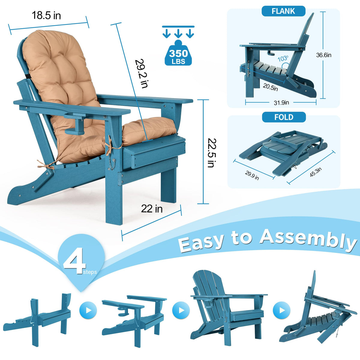 Folding Adirondack Chairs Set of 2 with Cushion, Blue HDPE Plastic Oversized Patio Chair Q9977