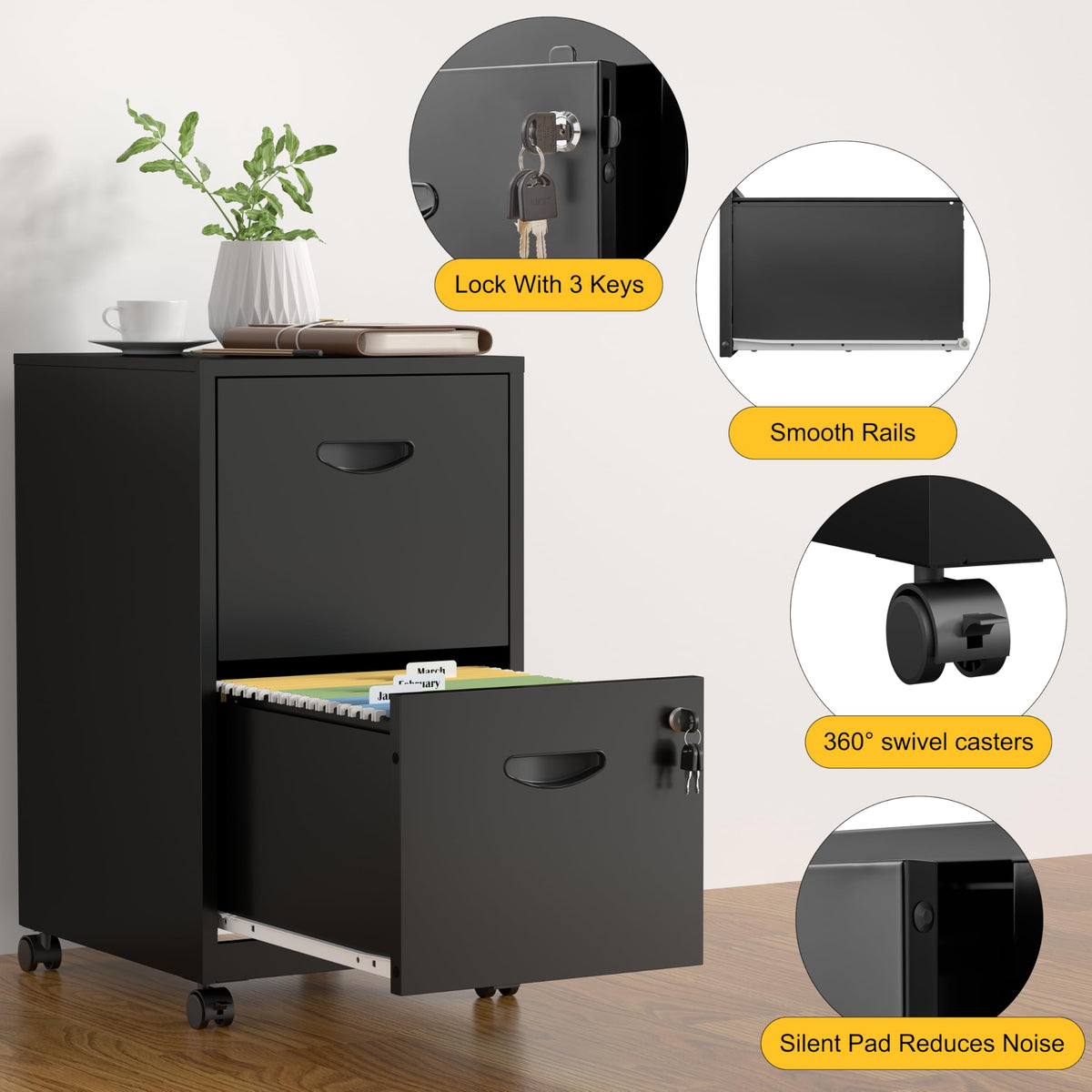 2 Drawer Black Metal File Cabinet with Lock C258