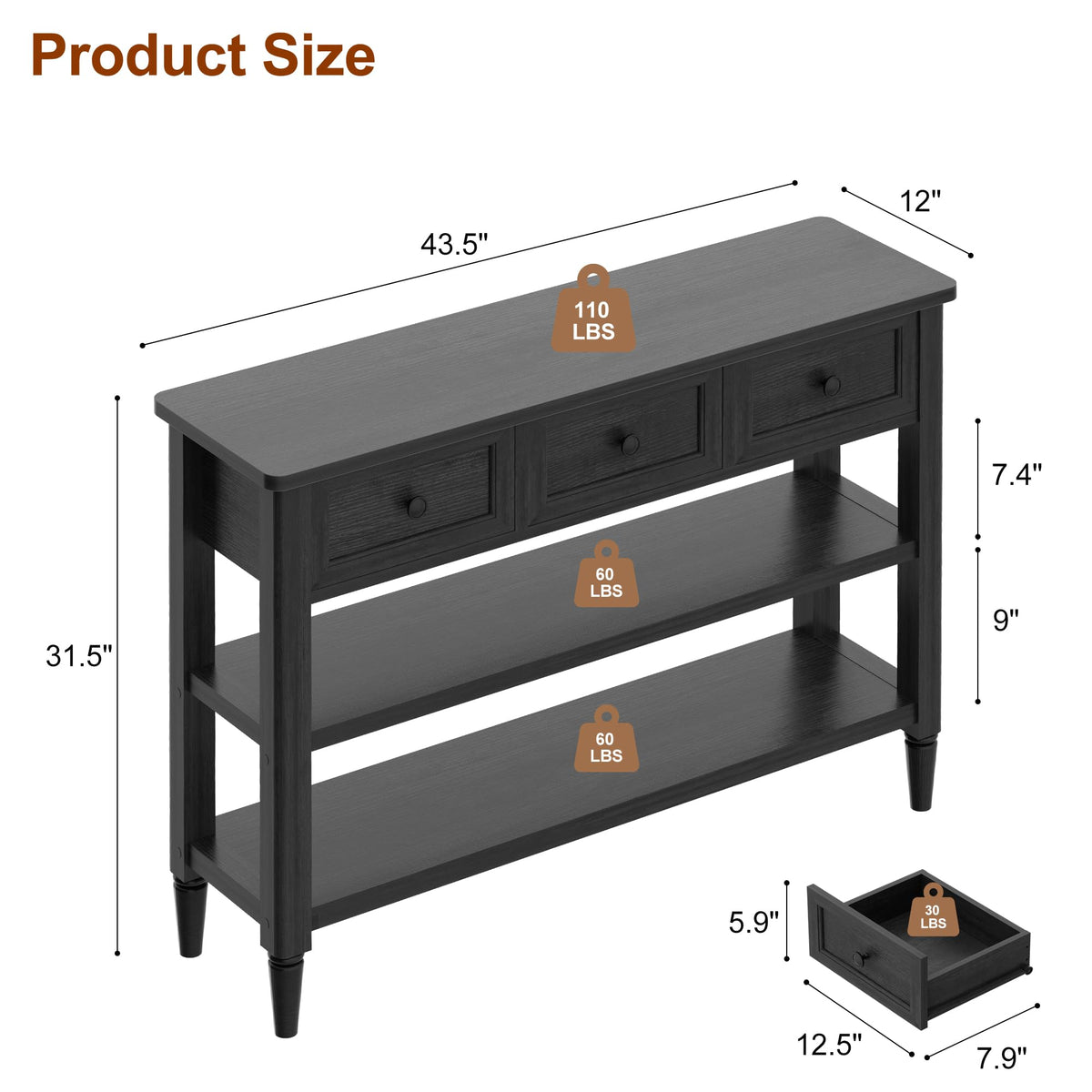 43" Farmhouse Entryway Table with 3 Drawers 2 Shelves A4801