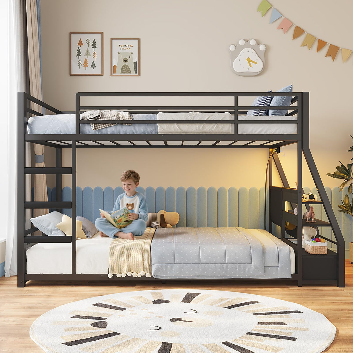 Black Bunk Bed with Bookshelves and Storage Drawers K875527