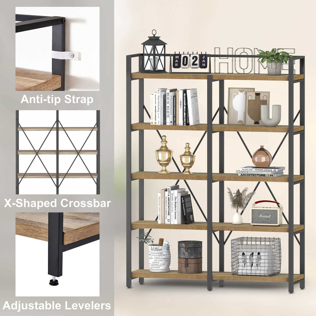 5 Tier Wood and Metal Bookshelf C52156