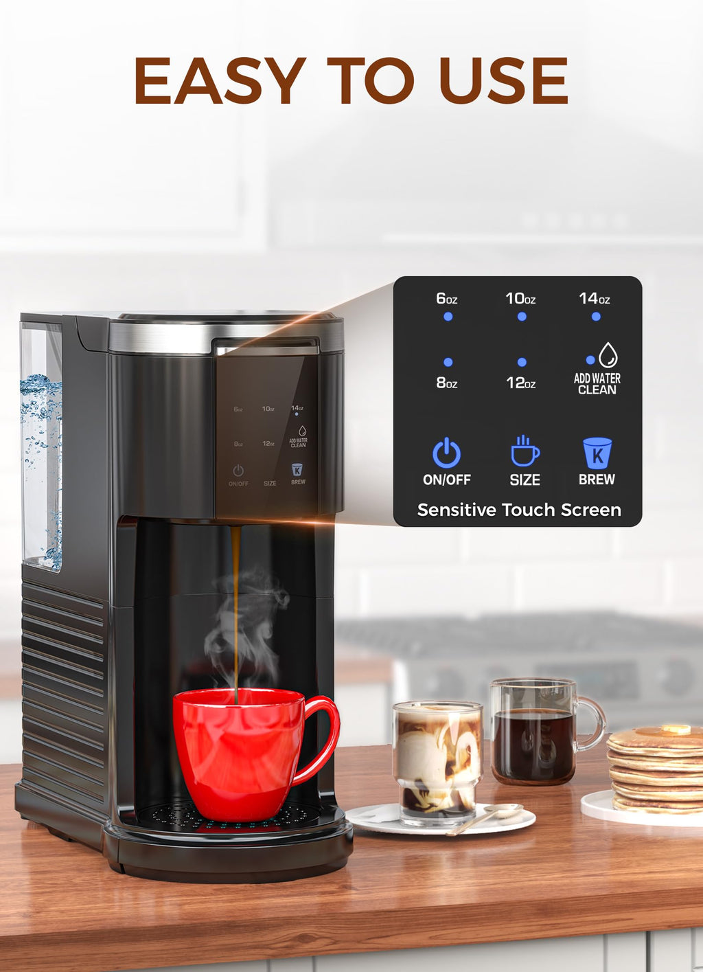 Single Serve Coffee Maker with 40 Oz Water Tank, 5 Brew Sizes, Black Y99028