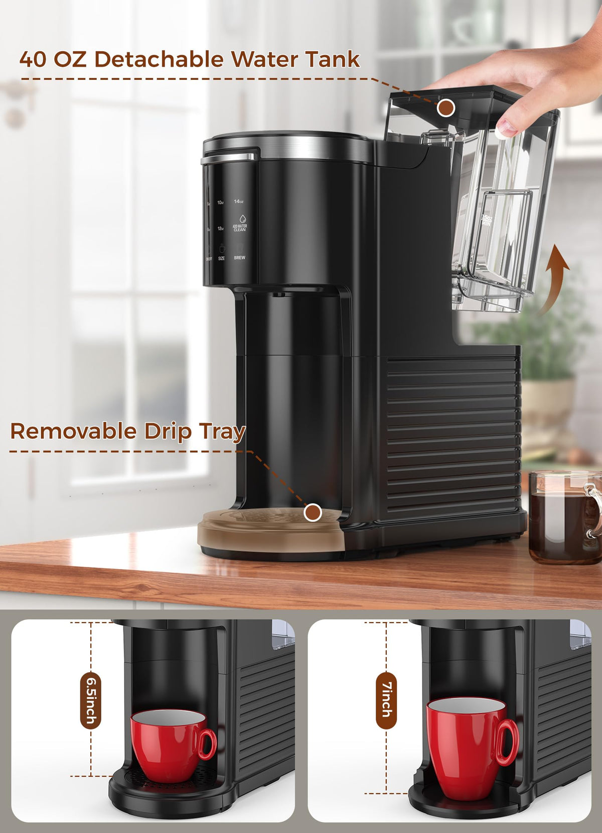 Single Serve Coffee Maker with 40 Oz Water Tank, 5 Brew Sizes, Black Y99028