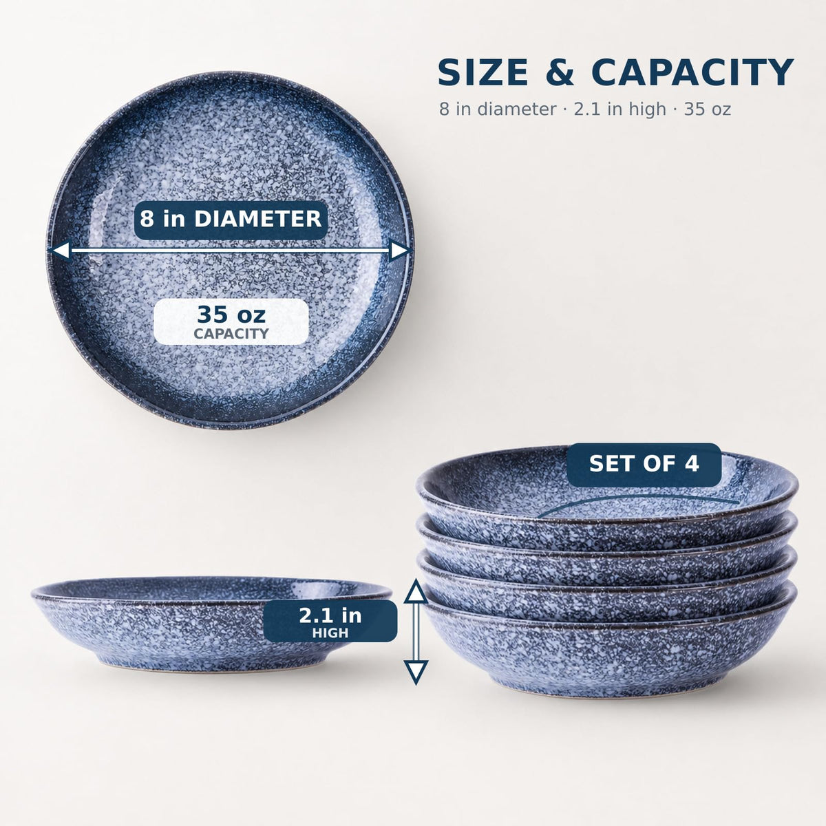 8-Inch Ceramic Pasta Bowls, Set of 4, Blue Glaze F73326