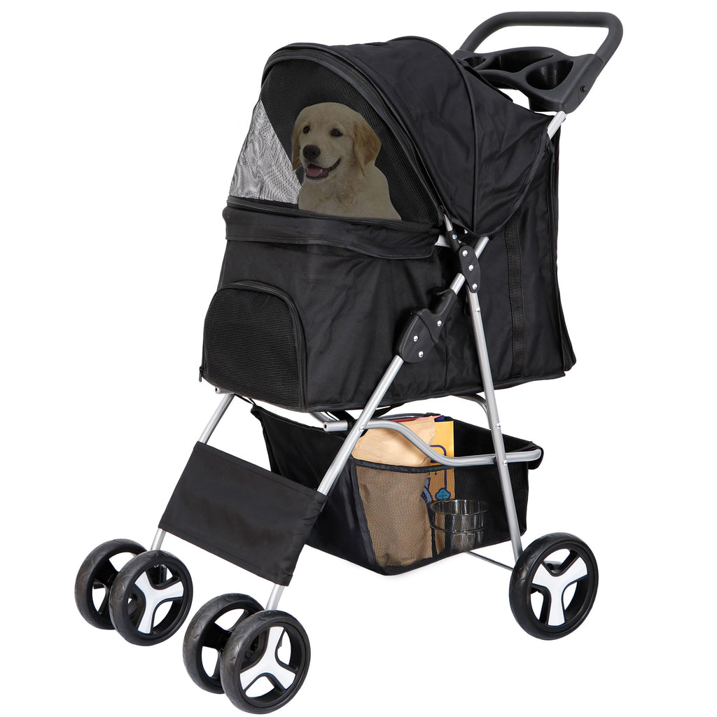 4 Wheels Foldable Pet Stroller with Storage Basket and Cup Holder A949628