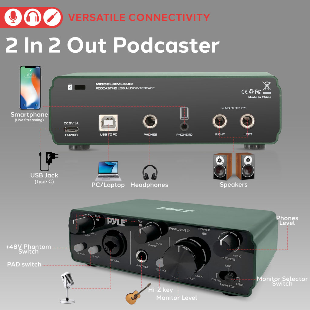 USB Audio Interface 2 Inputs 2 Outputs 48V Phantom Power Metal Z768373