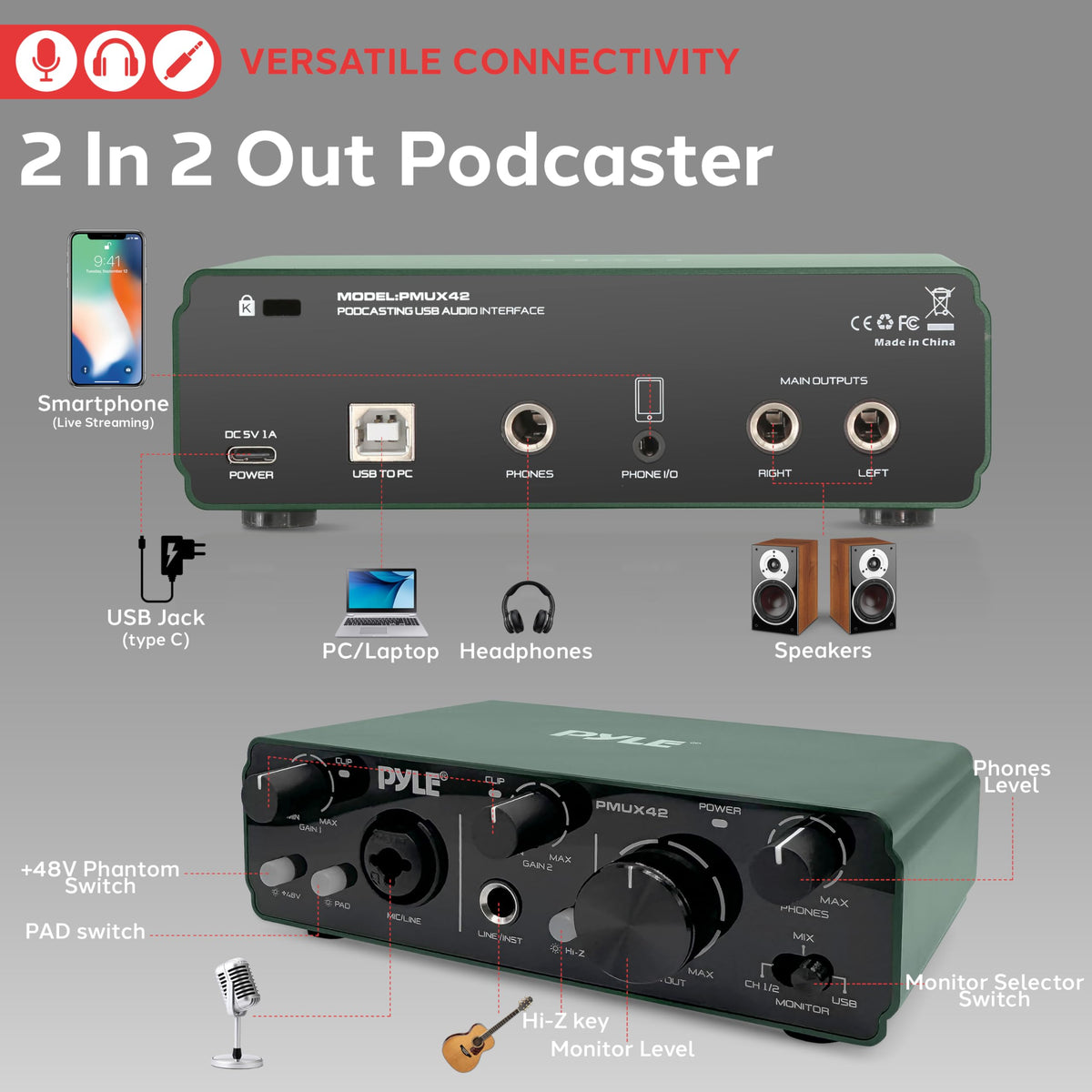 USB Audio Interface 2 Inputs 2 Outputs 48V Phantom Power Metal Z768373