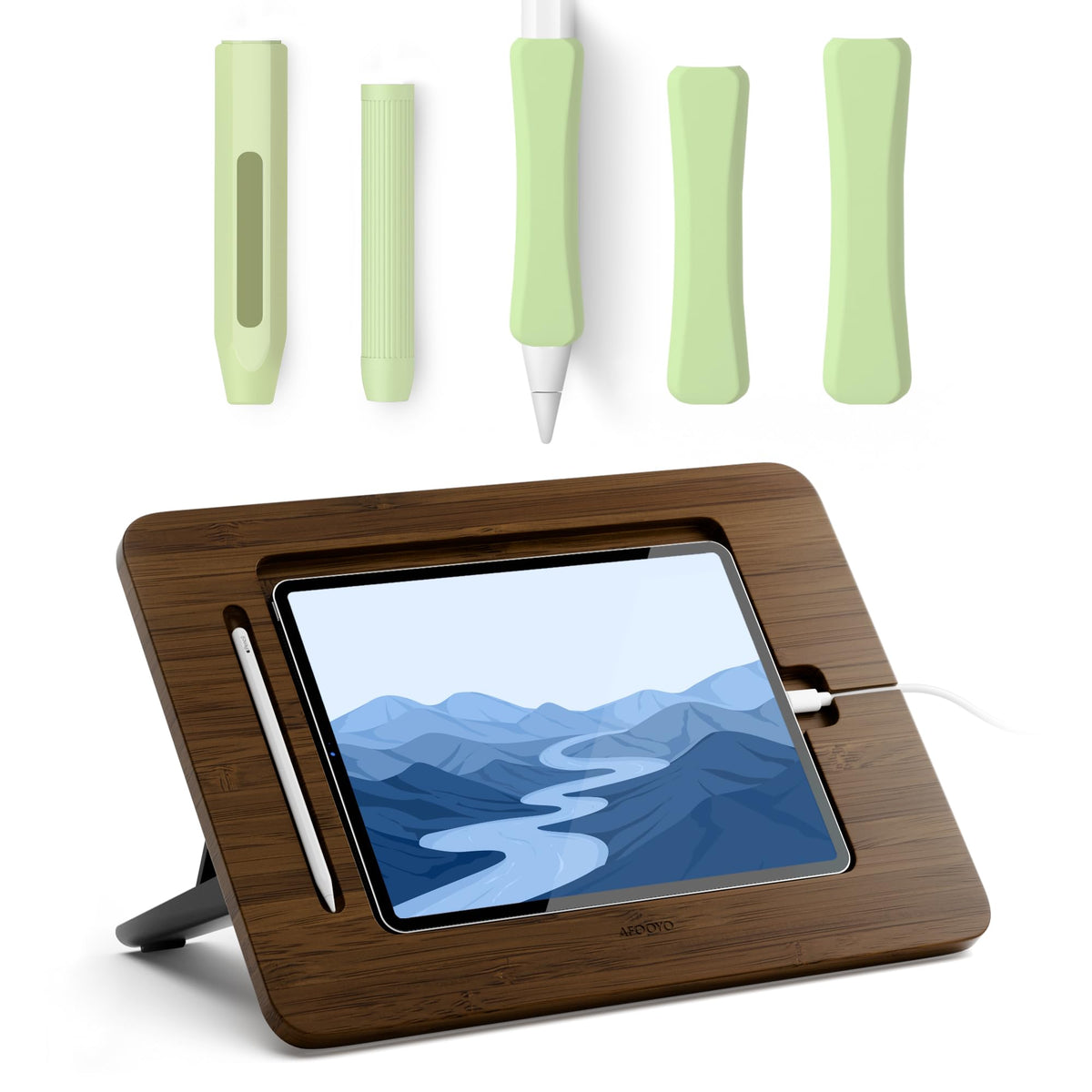 Bamboo Tablet Stand with 5 Pack Pencil Grips Q6414